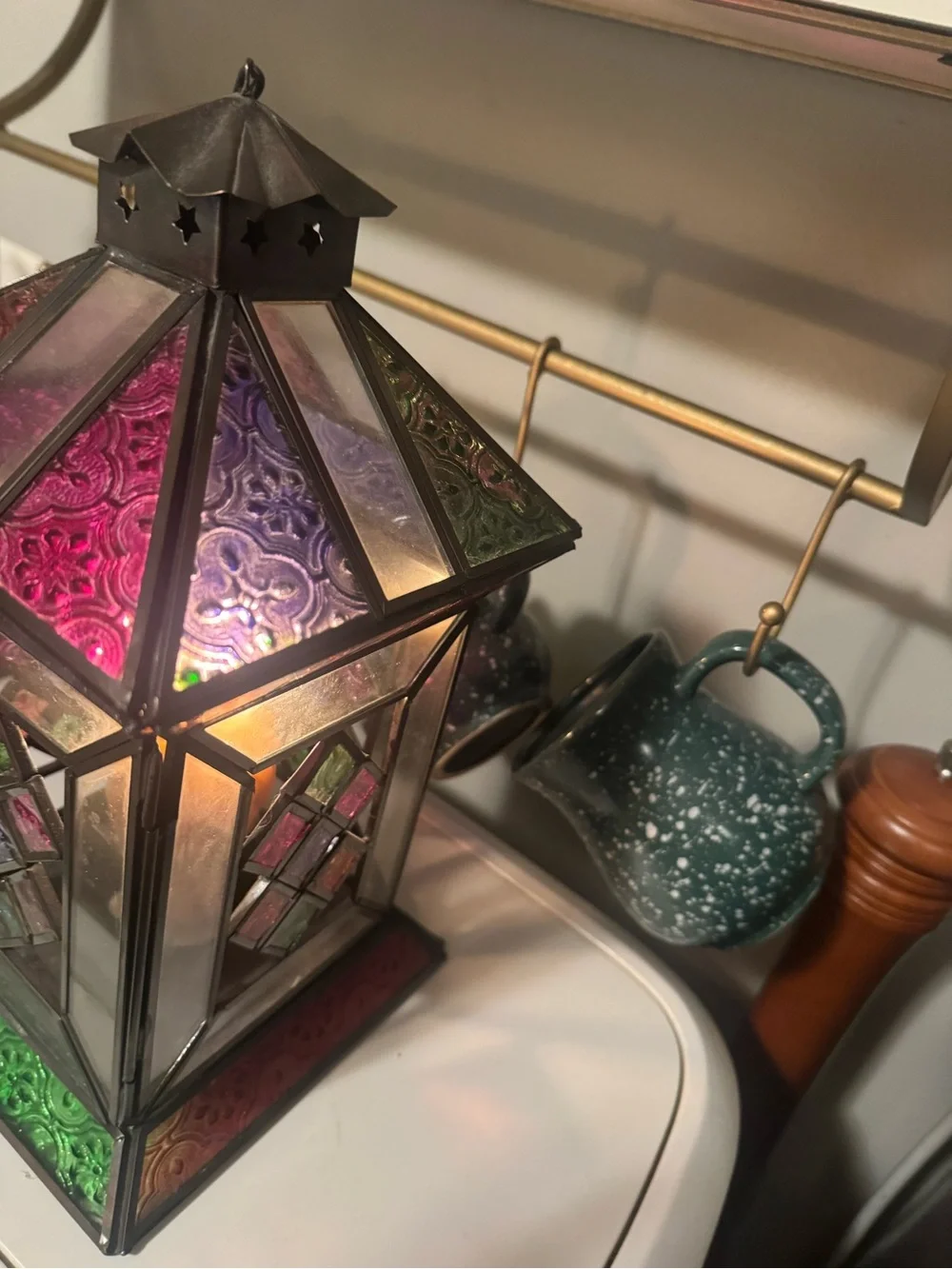 VTG Stained Glass Style Candle Lantern Multicolored Glass Metal Made In India